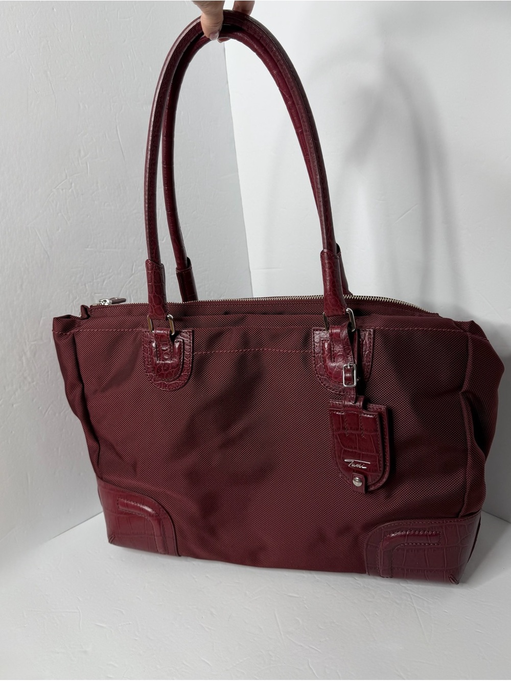 Tumi Burgundy Nylon Ballistic Croc-Accent leather Tote duffle Bag
